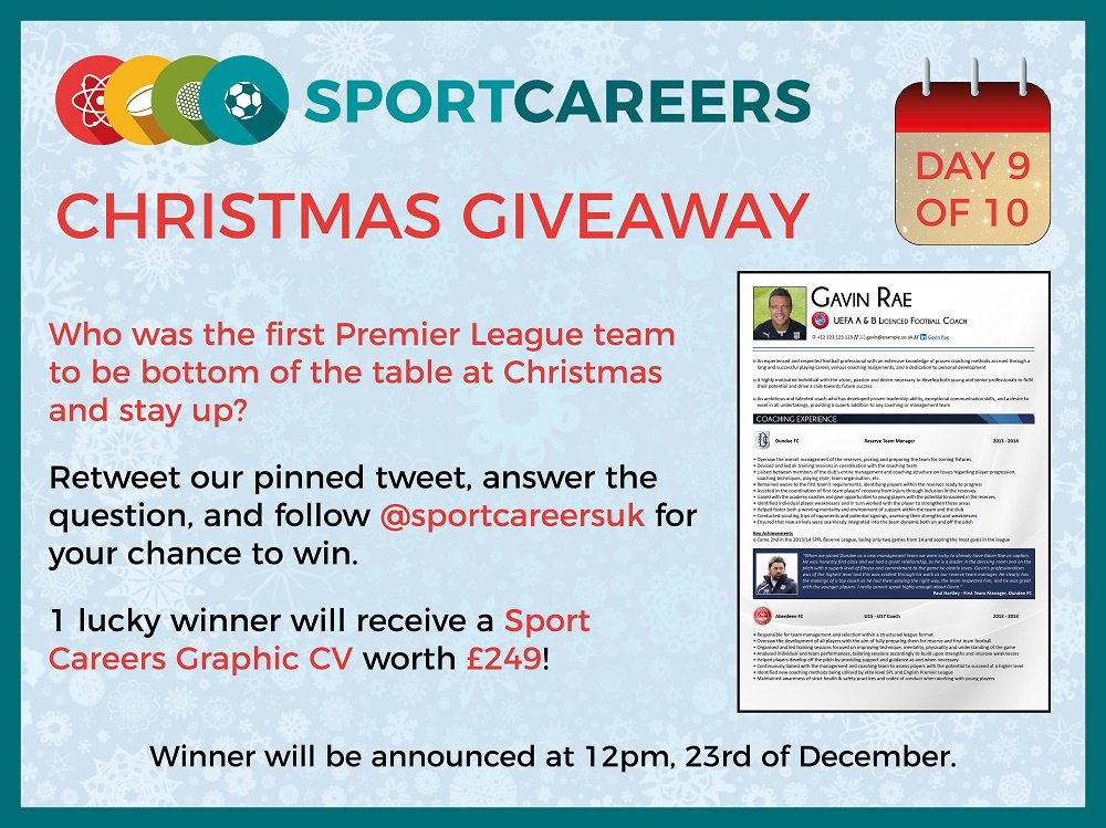 #sportcareersgiveaway DAY 9: Our penultimate prize is a fantastic graphically designed CV. Follow, RT and answer the question to answer #win