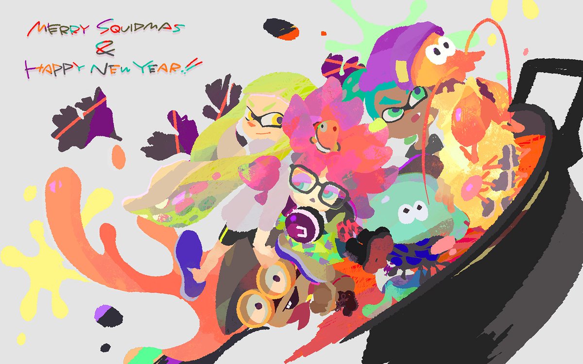 Splatoon スプラトゥーン 今年も研究員がクリスマス ニューイヤーカード代わりにイラストを描いてくれたので 皆さんにお届けしよう 目まぐるしい1年だったが 気がつけば今年も残り数日 さて 来年はどんな一年になるだろうか T Co