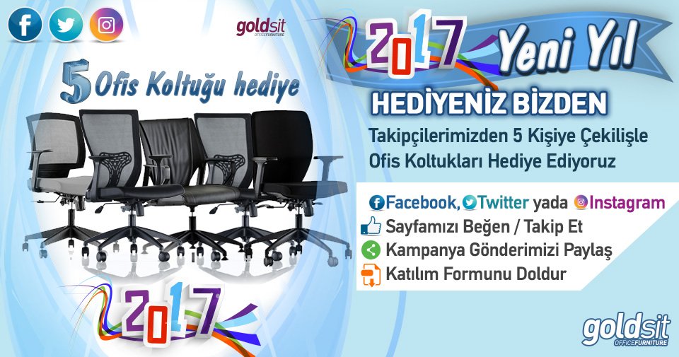 Takipçilerimiz arasından yapacağımız çekilişle 5 kişiye Ofis koltuğu hediye ediyoruz, katılım için 
goldsit.com/yilbasi-cekili…