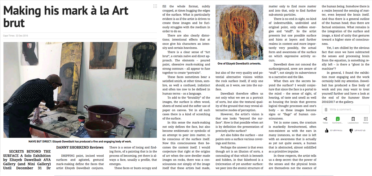 NiniGallery's tweet photo. Great reading in today´s @CapeTimesSA about Eltayeb Dawelbait´s debut #capetown
exhibition - on til 30 Dec. 
@dannyshorkend 
@ARTAFRICA_mag https://t.co/m2MZoCSzMW