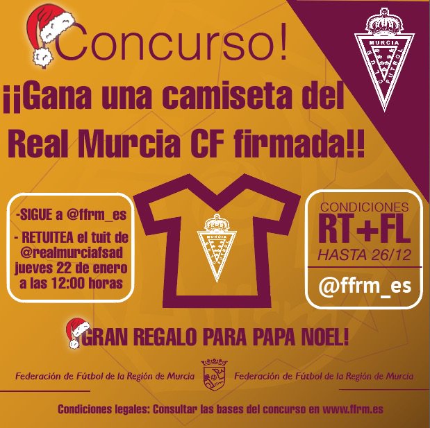 realmurciacfsad's tweet photo. 🎲CONCURSO I No nos ha tocado el 'Gordo', pero te puede tocar una camiseta del #RealMurcia. Da RT y FL a @ffrm_es. ¡Suerte y Feliz #Navidad! https://t.co/0oFJ9dUXWq