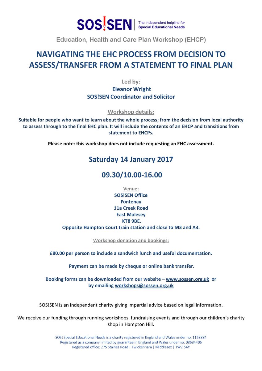 sos_sen's tweet photo. NEW: #SENadvice #Workshops at our office opp. #HamptonCourt. Topics incl. #EHCP, #AnnualReview, #TransionReview #WorkingDocument, #Tribunal https://t.co/QB30TybBTe