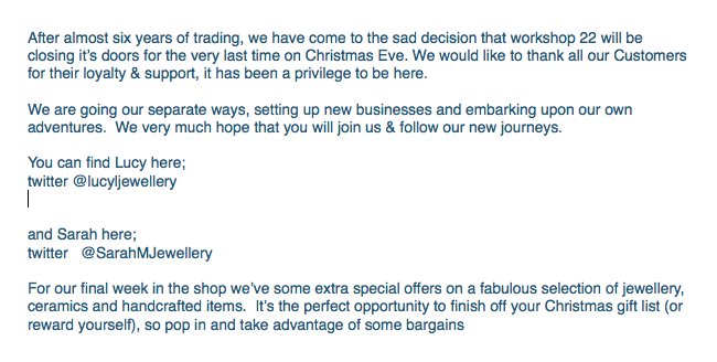 Thank you to all our lovely artists, customers &amp; students ...
Follow <a href="/LucyLJewellery/">Lucy Lyon</a> &amp; @SarahMJewellery to keep up with all our latest news