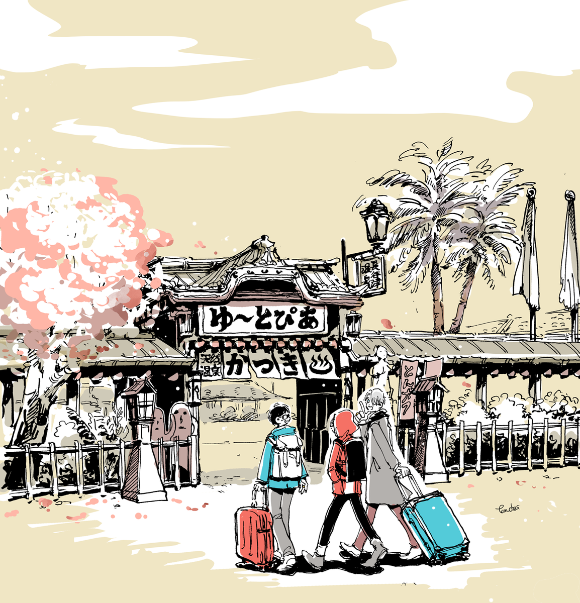 「『長谷津の春は雪が降るものなんだと思ってたよ』

またみんなで温泉入りに来てね〜」|ﾁｬｯｽのイラスト