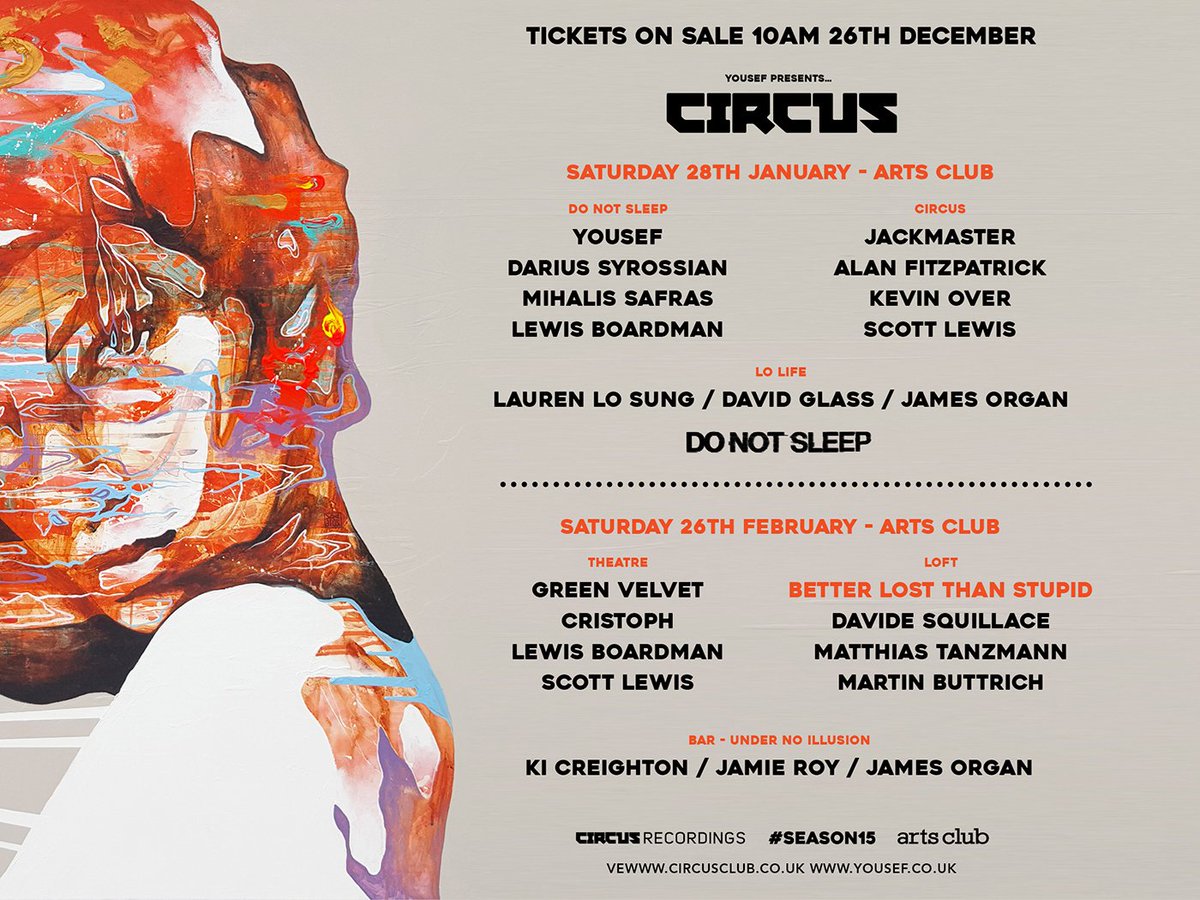 CIRCUSmusic's tweet photo. : LINE UPS REVEALED :

RT to win x4 tickets to each show. Both on sale 10am 26th Dec

Yousef Pres Circus...28th Jan and 25th Feb, arts club https://t.co/PtlVHWeTM9