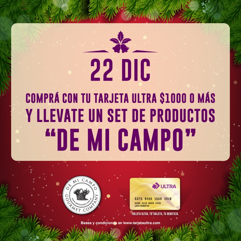 Hoy jueves 22, comprá en #MaxiMall, pagá con Tarjeta Ultra y te llevas un set de productos De Mi Campo Gourmet Company