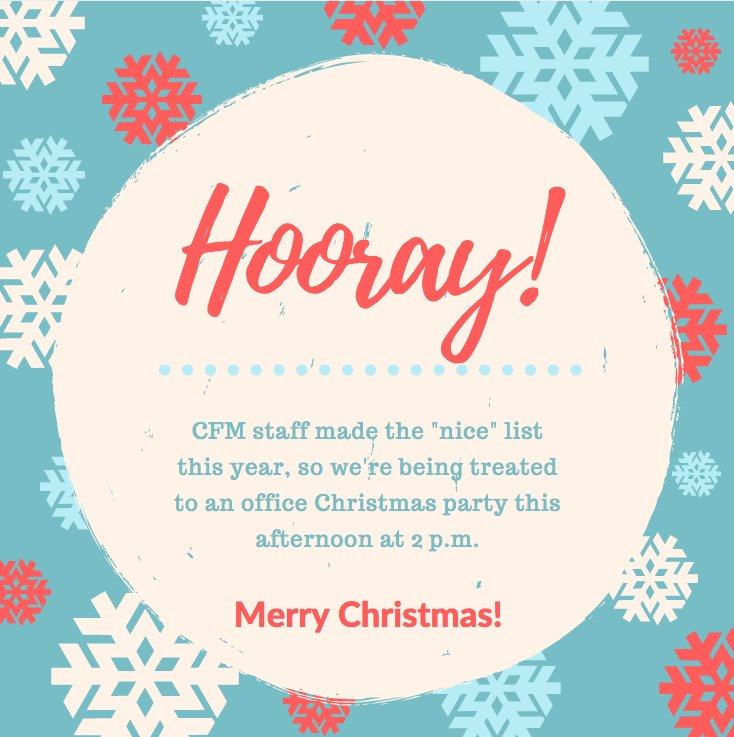 cfminsuranceinc's tweet photo. We're closing at 2 p.m. today, but will be back tomorrow at 8 a.m. #CFMOfficeChristmasParty #CFMFamily #Celebrate #MerryChristmas https://t.co/uUHDjG8kQQ