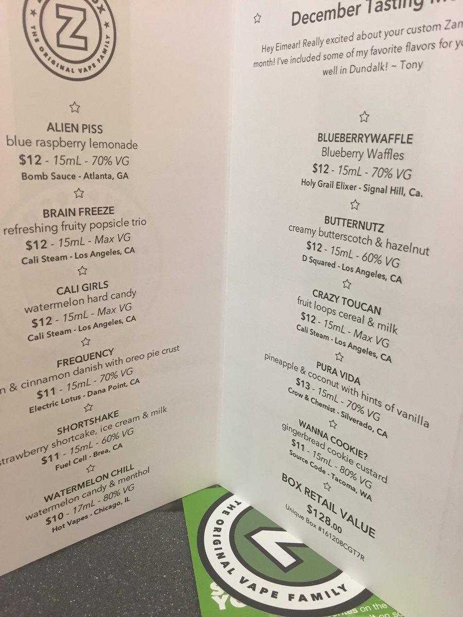 Guys I'm actually excited... check out my menu this month! Wow! The truth will be in the tasting though... 😋 #juice #highVG #Zamplebox #VK