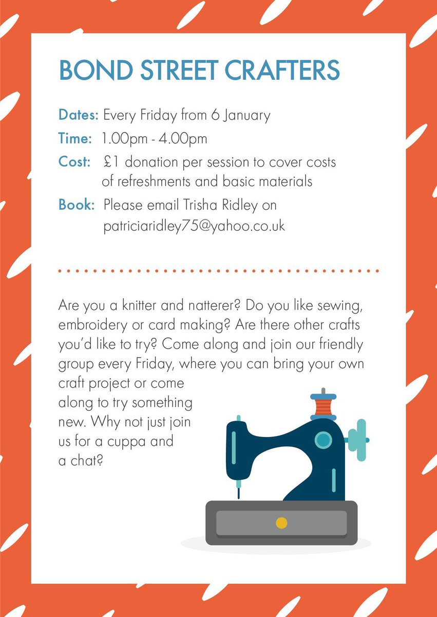 ThriveAtConnect's tweet photo. Do you like a knit & natter? Want to try new crafts or share your skills? Bond Street Crafters meet every Fri at #ThriveAtConnect Dewsbury https://t.co/fC8C8b5Yeb