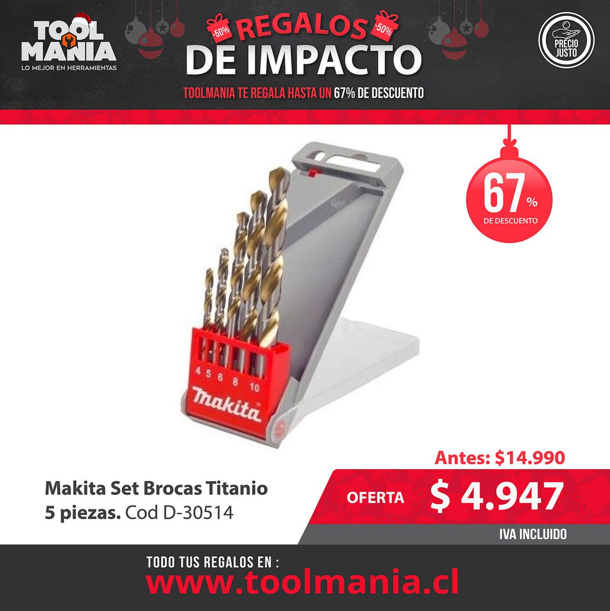 ToolmaniaChile's tweet image. REGALAMOS 67% DE DECUENTO EN:
Makita Set Brocas Titanio 5 piezas 
COMPRA AQUÍ ▶goo.gl/sNwYBy
🎄 #Toolmania #comprasentado
