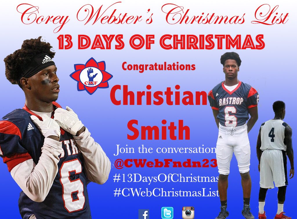 cwebfndn23's tweet photo. Congrats Christian Smith of #Bastrop, a champion on &amp; off the field. @IAMCweb #CWebChristmasList #13DaysOfChristmas

https://t.co/AgaE92jQwo https://t.co/wHTMOhYsFs
