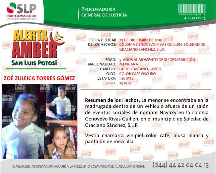 FiscaliaSLP's tweet photo. #AlertaAmber para localizar a Zoé Zuleica Torres Gómez Gracias por compartir. #Mèxico #SanLuisPotosi @AAMBER_mx https://t.co/nARO92dkMR