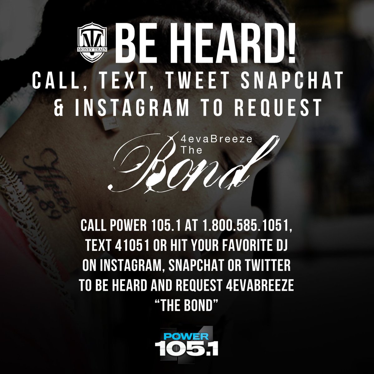 Mrprez1054's tweet photo. @noreaga BE HEARD! Text POWER 105 @ 41051 to request @real4evabreeze 4evaBreeze "The Bond" https://t.co/gbeqnudunD #ThursdayThought https://t.co/jDkLWTdp53