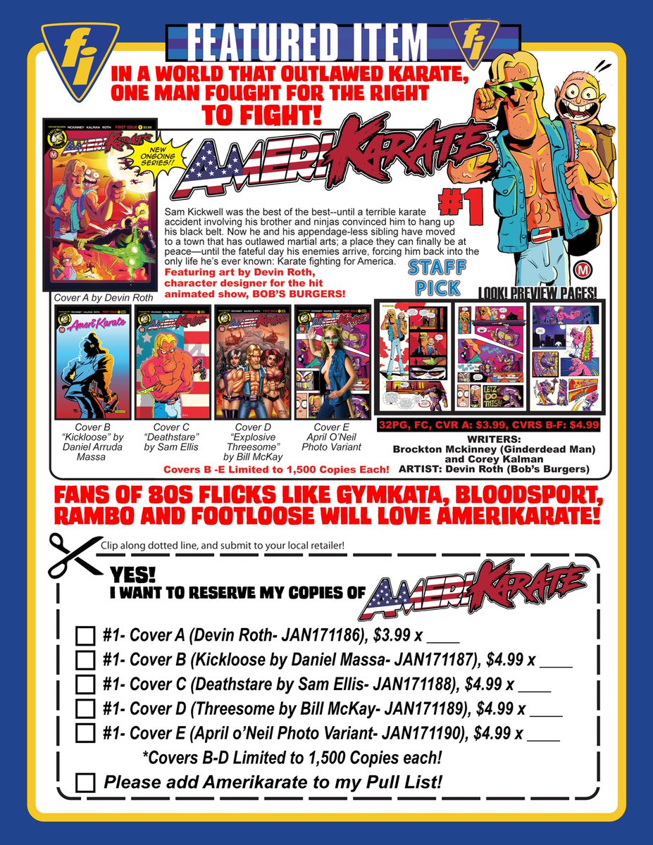 BrocktnMckinney's tweet photo. Wanna pick up our new series Amerikarate? Print out this sheet for your LCBS! This book will kick your mind into a realm of karate pleasure! https://t.co/CHAO6XiUNe