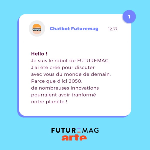 Le #chatbot 🤖 de l'émission est en ligne sur <a href="/facebook/">Facebook</a>.
Envoyez-lui un message pour découvrir à quoi ressemblera le monde en 2050 😉