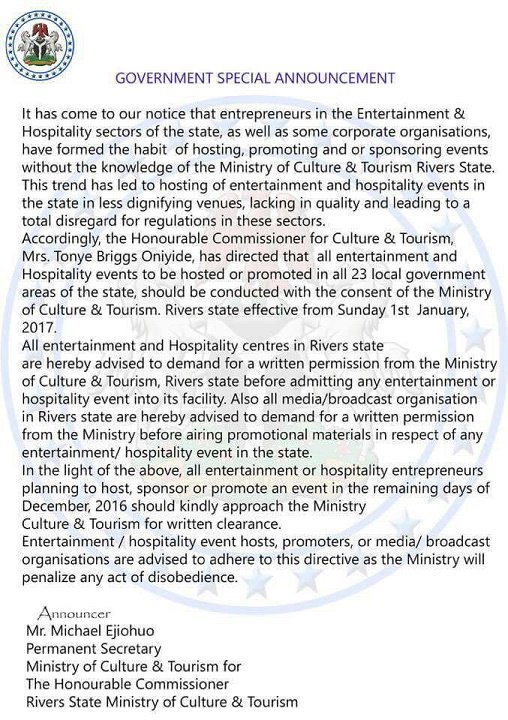 National President of Coalition of Nigeria Entertainers lashes out at Tonye Briggs-Onyide for maladministration asking Governor Nyesom Wike to sack her.