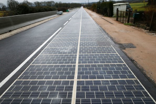 YaleE360's tweet photo. France opens world’s first solar-paneled road — 30,000 sq ft of solar panels over 1-km stretch in Normandy https://t.co/olubJLvSkR #Wattaway https://t.co/Xzi9k0ck5R