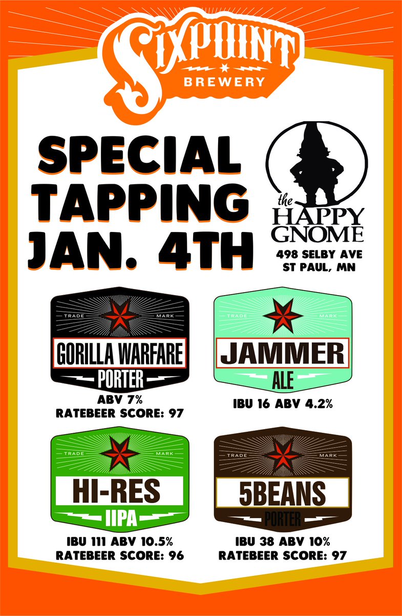clearriverbev's tweet photo. 2 Sixpoint tappings on Jan. 4th-hit them both! @TheHappyGnomeMN @AugustinesMN https://t.co/PjF7Cz86KC
