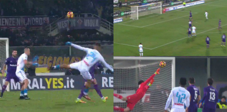 Lorenzo Insigne segna il gol del vantaggio, azione viziata da un fuorigioco non fischiato da Tagliavento Fiorentina Napoli 3-3: gol e spettacolo fino all'ultimo minuto