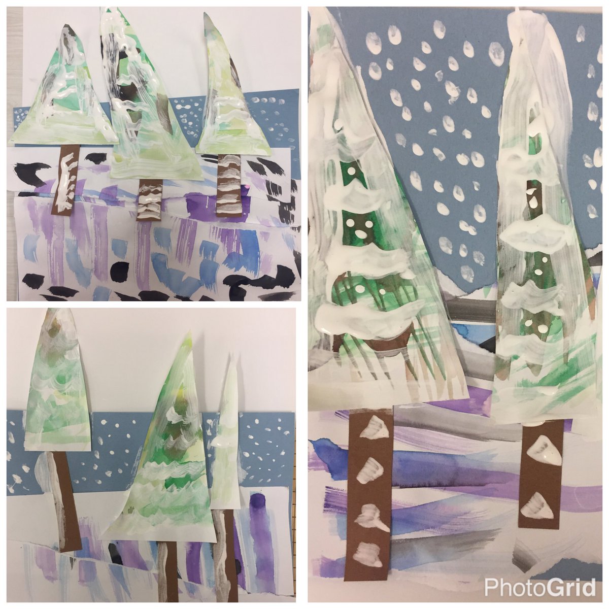 MoserVogler's tweet image. Peaceful 2nd grade collaged snow scenes, using hand painted papers. #Deconstructing #Reassembling #StonehedgeArt