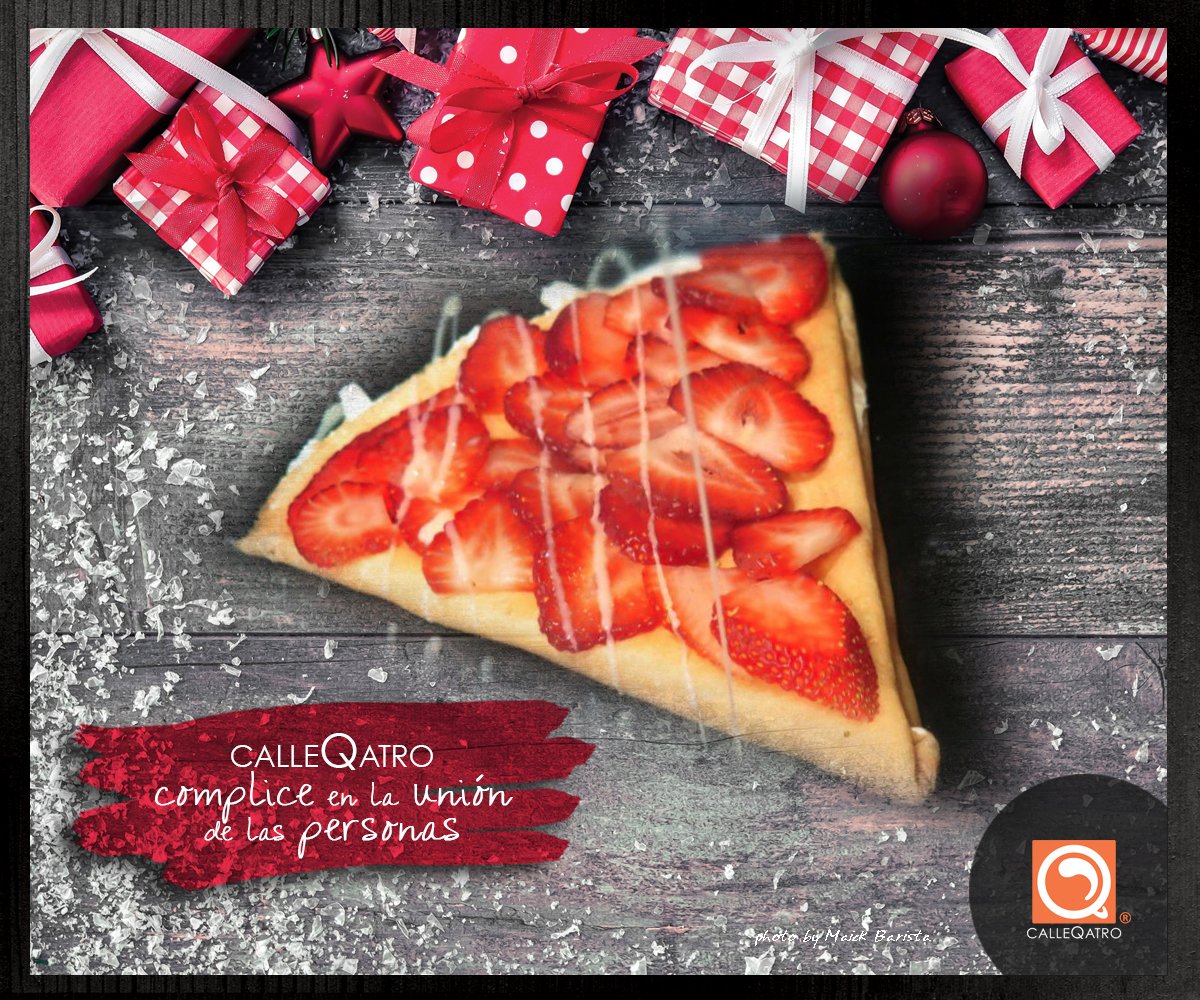 CALLEQATRO's tweet photo. El mejor regalo y pretexto para compartir. Deliciosa crepa con fresa fileteada acompañada de lechera® #Navidad en #CALLEQATROCafetería https://t.co/5sGgDhCQ4a