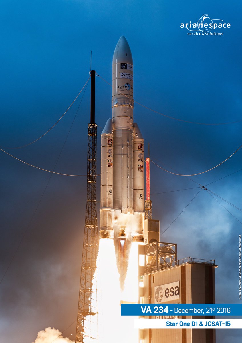 ShuttleAlmanac's tweet photo. Poster from @Arianespace of the #Ariane5 #VA234 launch carrying #StarOneD1 and #JCSAT15 comsats #ArianeV https://t.co/K7UgiuwIcC