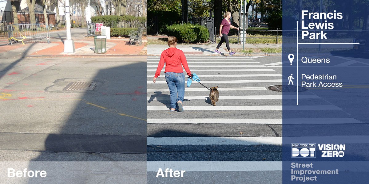 NYC_DOT's tweet photo. New sidewalks, ped ramps, concrete curb extensions & enhanced crossings encourage more walking to #FrancisLewisPark in #Flushing! #VZ2016 https://t.co/rSuqwcXmFj
