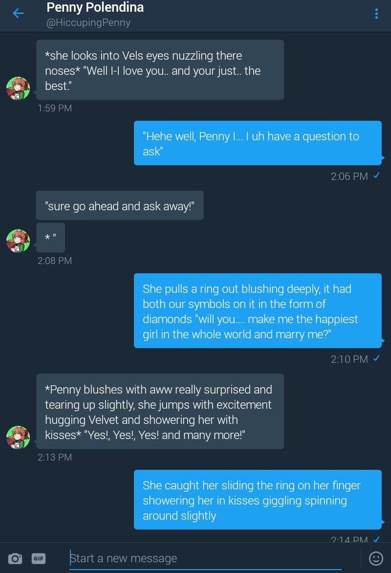 "EVERYONE @HiccupingPenny SAID YES!!!!" Vel jumps up and down giggling like an idiot