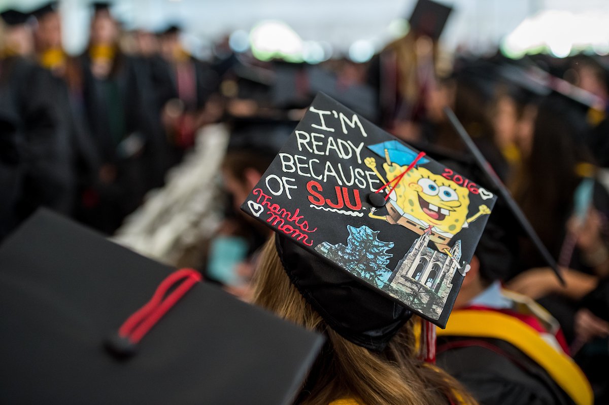 saintjosephs's tweet photo. #TBT one of our favorite pics (because Spongebob) from the #hawk16 Commencement. Grads, how did SJU prepare you for life? #SJUYearInReview https://t.co/MvBgyH94y3