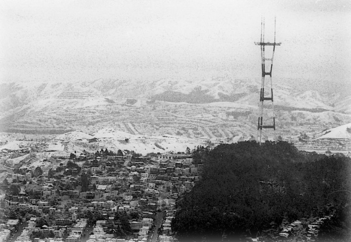 stevesilberman's tweet photo. Sutro Tower with snow, San Francisco, 1976. Photo by Art Frisch. https://t.co/RN4eMDvXeg