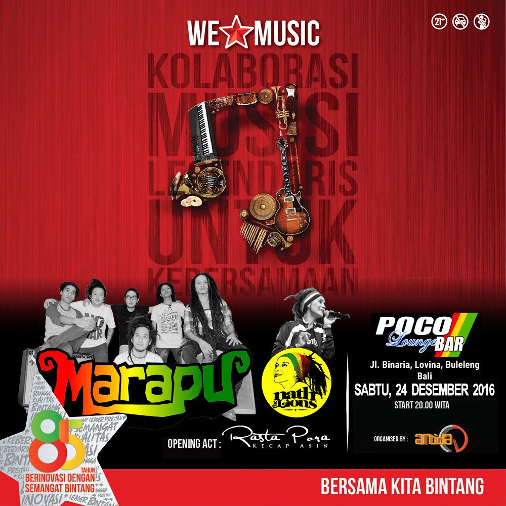 Marapu_Official's tweet photo. WE☆MUSIC at #PocoLoungeBar #Lovina #Bali !!! Feat: @Marapu_Reggae &amp; @NATH_THELIONS 

SATURDAY 24 DECEMBER 2016.
Start 8:00pm.
FREE ENTRANCE https://t.co/0iqEQ0yMab