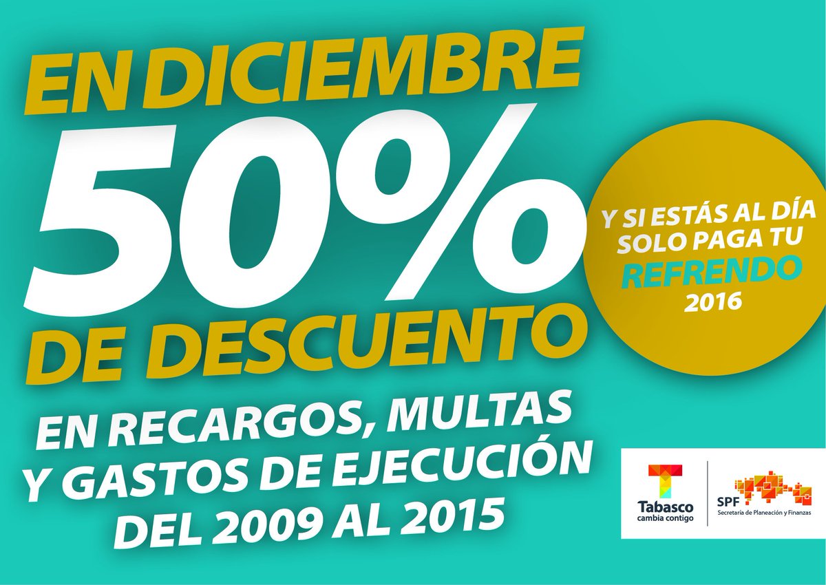 Gobdetabasco's tweet photo. ¡Último día! Aprovecha los #descuentos en multas, recargos y gastos de ejecución ¡Ponte al día! Paga tu #refrendo2016 @Seplafin_Tab https://t.co/2dcCW8D7rz