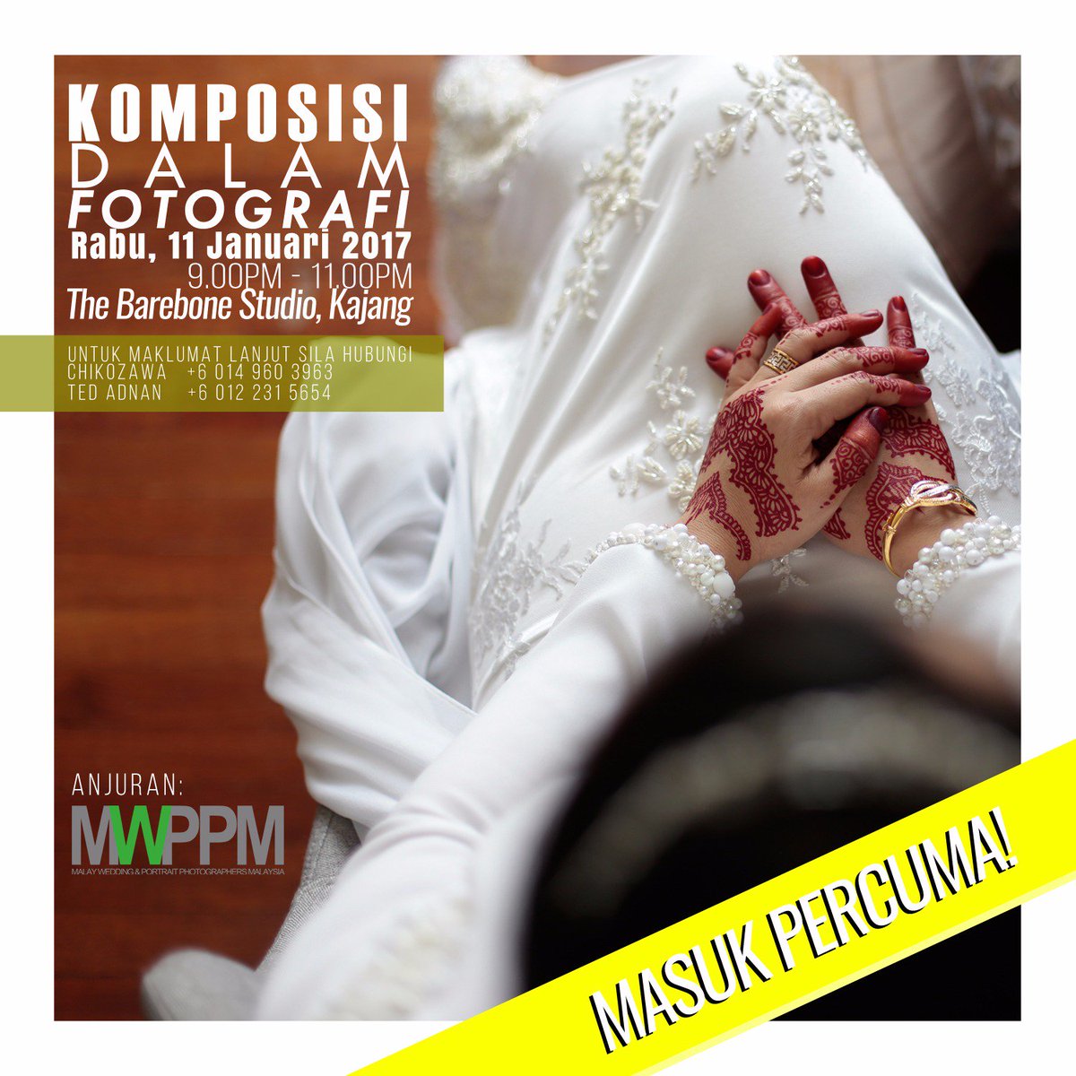 tedadnan's tweet photo. Sesi perkongsian #fotografi perchuma #MWPPM di #TheBareboneStudio Saujana Impian Kajang, Rabu 11 Jan 2017, 9-11 mlm.
Sila RT jikalau sudi. https://t.co/Q2rKioPJxt