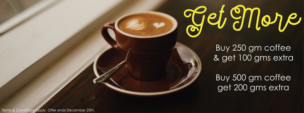 deccancoffee's tweet photo. Get more this holiday with Deccan Coffee.
Buy 250gm, get 100gm
&amp;
Buy 500gm, get 200gm 
Absolutely Free #DeccanCoffee #holidays #GetMore https://t.co/FmNuLHxT5W