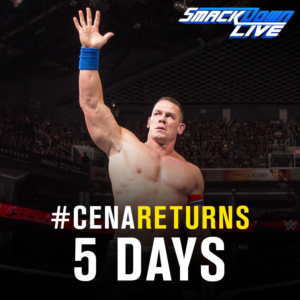 WWE's tweet photo. We are only FIVE DAYS AWAY from #SDLive's #WildCardFinals, and you know what that means... @JohnCena #CenaReturns https://t.co/nVHavyrebs
