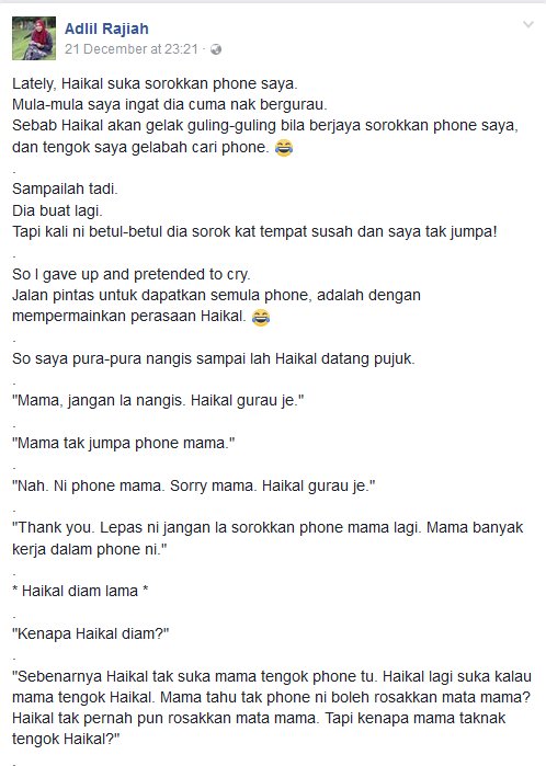 AbdArif1's tweet photo. "Mama tahu tak phone ni boleh rosakkan mata mama? Haikal tak pernah pun rosakkan mata mama. Tapi kenapa mama taknak tengok Haikal?" #iCried https://t.co/F3nmo3V4V4