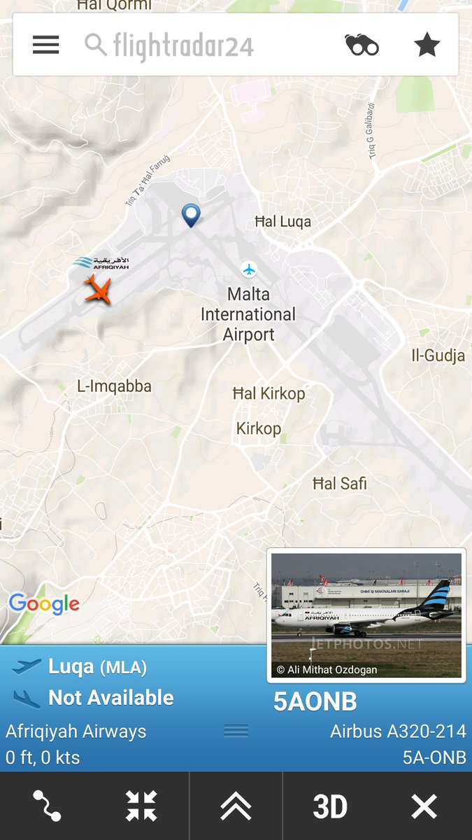 flightradar24's tweet image. The hijacked flight #8U209 is still standing on the runway at Malta Airport fr24.com/5AONB/bf8ea3d