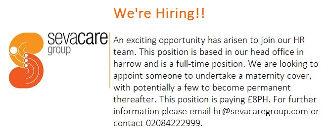SevaCare_Group's tweet photo. Seva Care Group are recruiting! We are looking for a experienced HR Administrator to join our team. Please contact for more info #HarrowJobs https://t.co/0EdruoNTjJ
