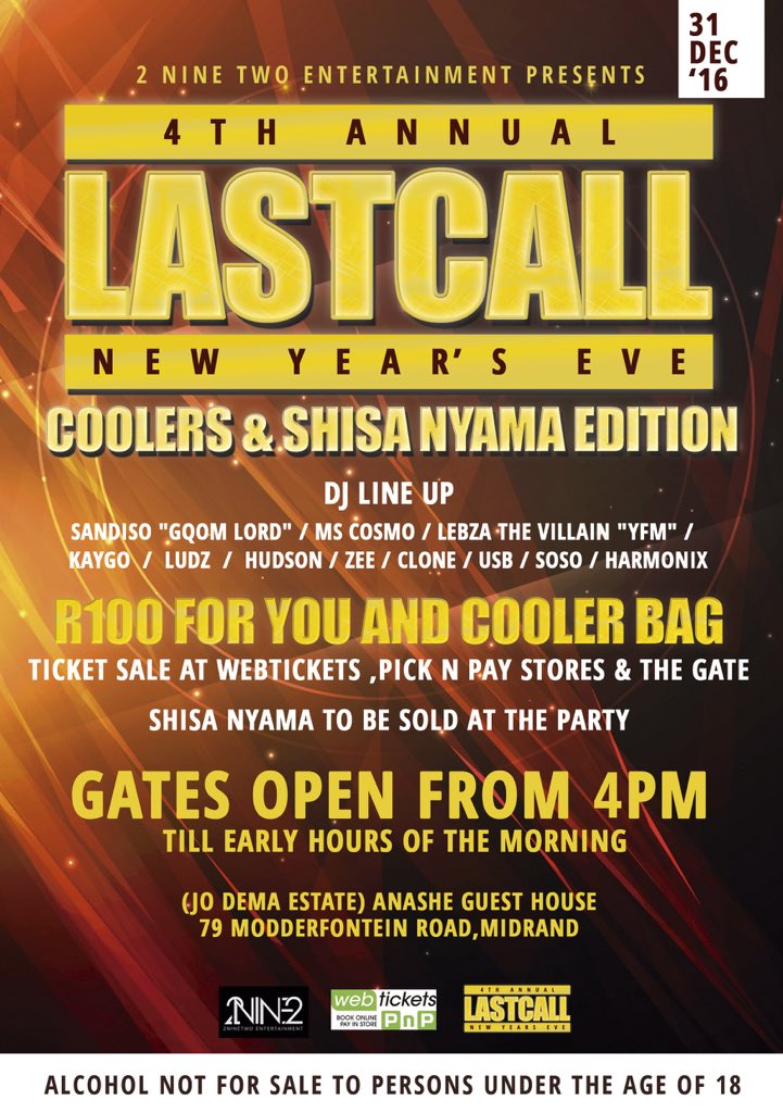 _WeSocial's tweet photo. EVENT: #LastCallNYE2016 

>> @LastCallNYE 
Midrand, JHB
Buy Tickets: https://t.co/rV0oDd7993 
Win Tickets: https://t.co/4qFcsK8kNJ 
Details: https://t.co/tp6eyOMtT7