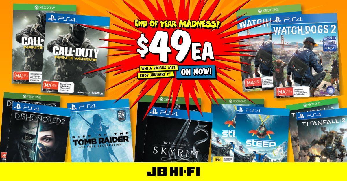 JBHiFi's tweet photo. Selected Latest release games just $49 @JBHiFi's End of Year Madness! Shop instore or online now: https://t.co/6y8nscbeN4 https://t.co/BxF3pf4fxN