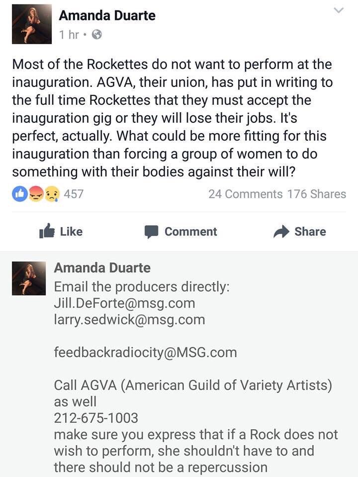 ResistanceParty's tweet photo. Tell Rockettes management how you REALLY feel and you won't have them bully these ladies into performing for Trump  #OpRocks @Rockettes https://t.co/ijRvpKdLlZ