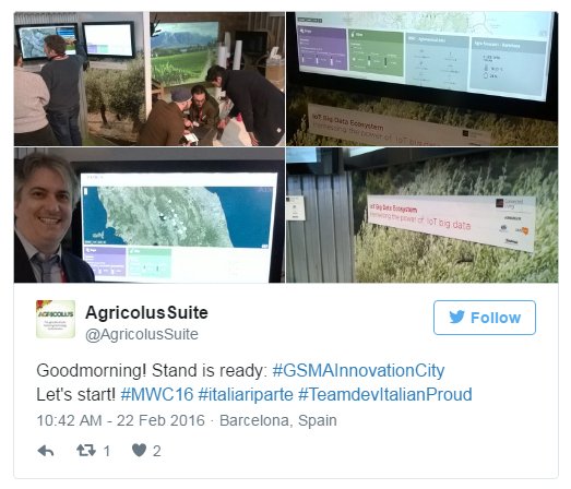 AgricolusSuite's tweet photo. Do you remember? #our2016 #TeamDevProud
#MWC2016 - @AgricolusSuite in @GSMA's show case - #SmartAgriculture #IoT @libelium @Esri @FIware https://t.co/sbI2imy5n0