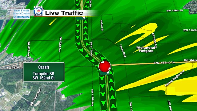 Crash on Turnpike SB at SW 152nd St #traffic https://t.co/I2loAwSQn1