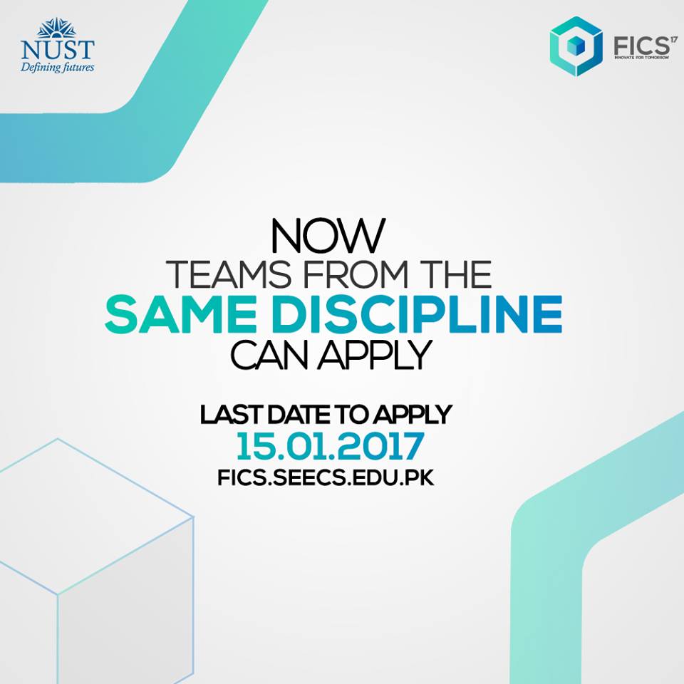 FICS2018's tweet photo. Now, teams from the same discipline can also register! Register on the link tagged below:
https://t.co/iobGnwYJjt
#NUST #FICS17 #APPLYAWAY https://t.co/daNxKAs7tf