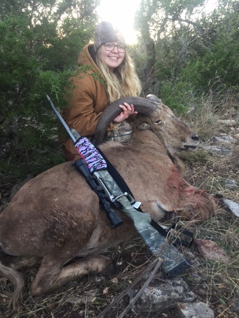 Hannah bought our last pink camo RRR and nailed this nice Aoudad. #huntress #girlswhohunt #ladyhunters #blessed #faith