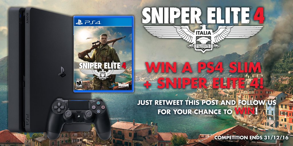 SniperElite's tweet photo. Fancy ending 2016 by winning a PS4 Slim &amp; Sniper Elite 4? Then simply FOLLOW &amp; RT to be in with a chance! Ends Dec 31st. #sniperelite4 https://t.co/1N5bRmzkdZ
