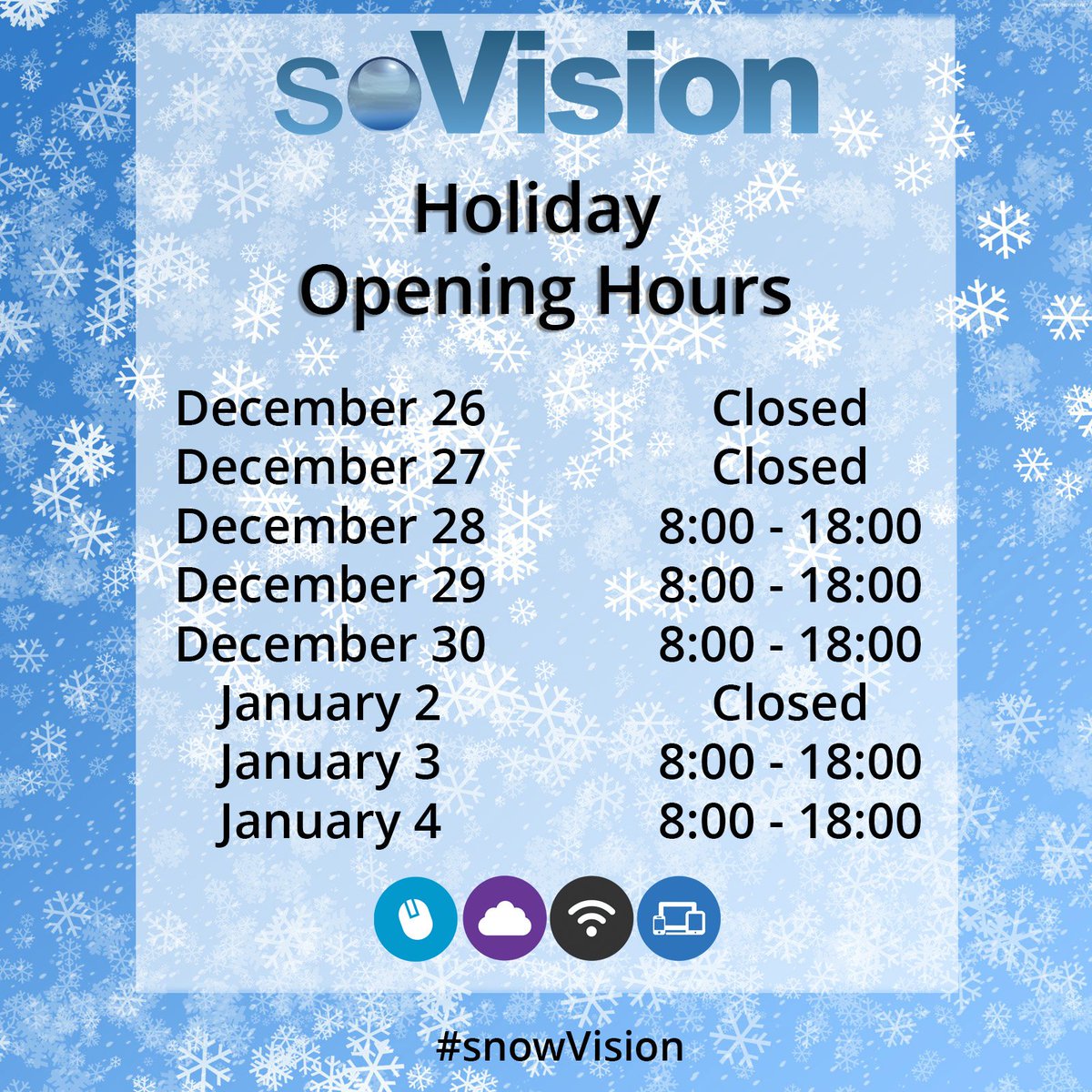 soVisionIT's tweet photo. We're still here to help you over the upcoming #festive period!
#snowVision #winter #holiday #Christmas #NewYear https://t.co/ItYdo1MvpE
