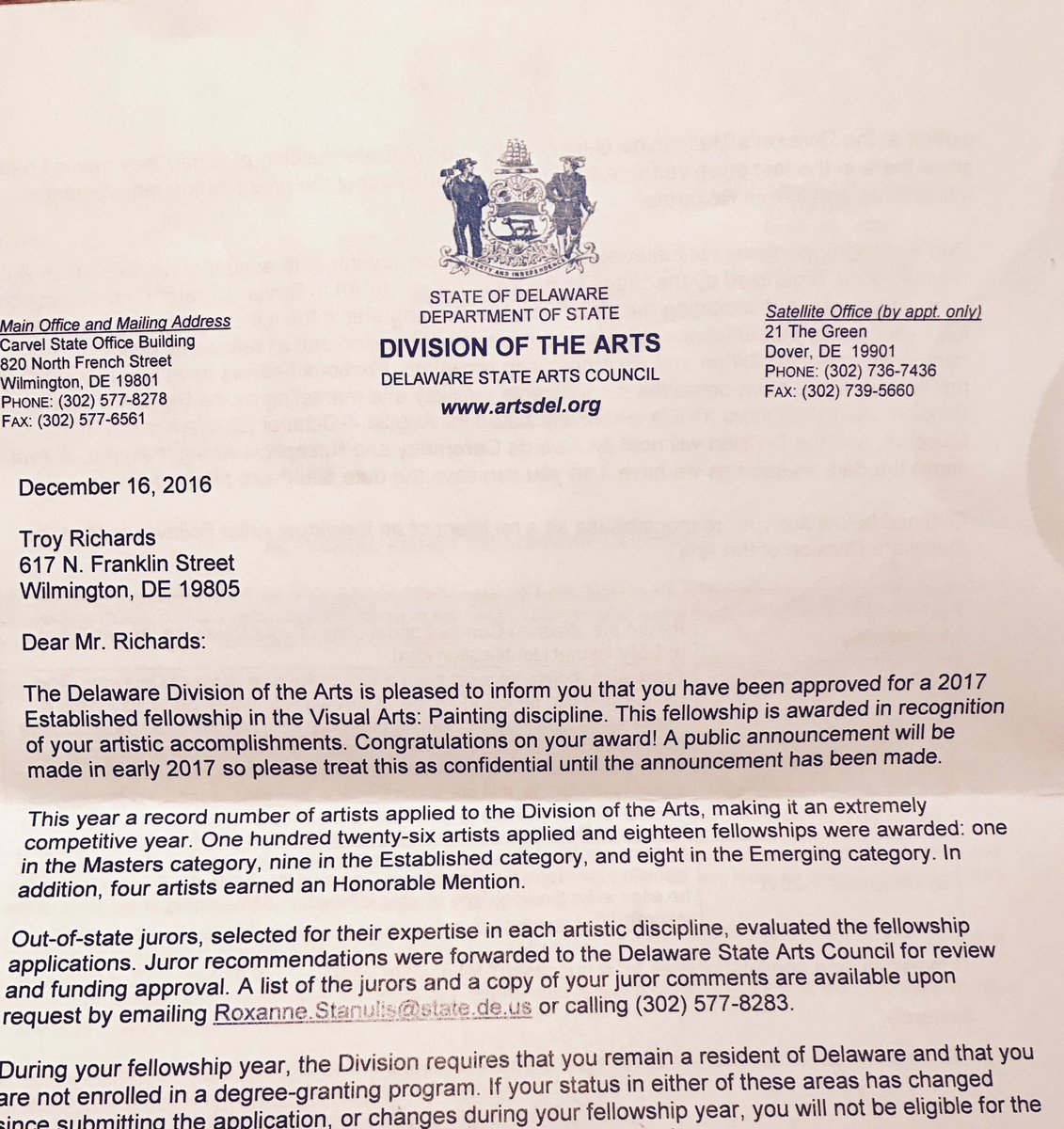 Happy and surprised to win a fellowship from <a href="/ArtsDelaware/">Delaware Division of Arts</a> for 2017!