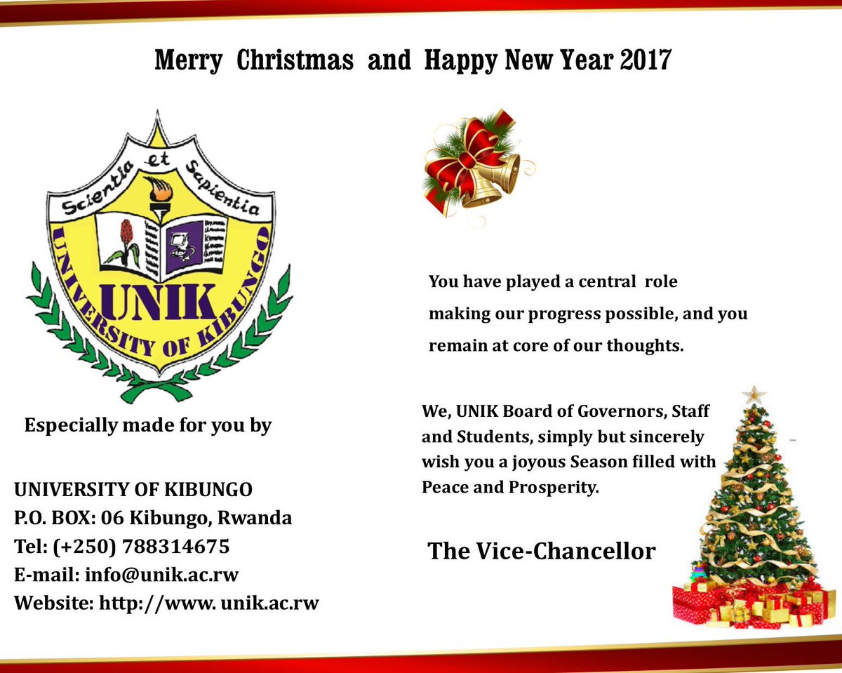 UNIK2016's tweet photo. The Vice-Chancellor, Prof.@SilasLwakabamba wishes you Merry Christmas and Prosperous New Year 2017 https://t.co/ltfoIo0ZtX