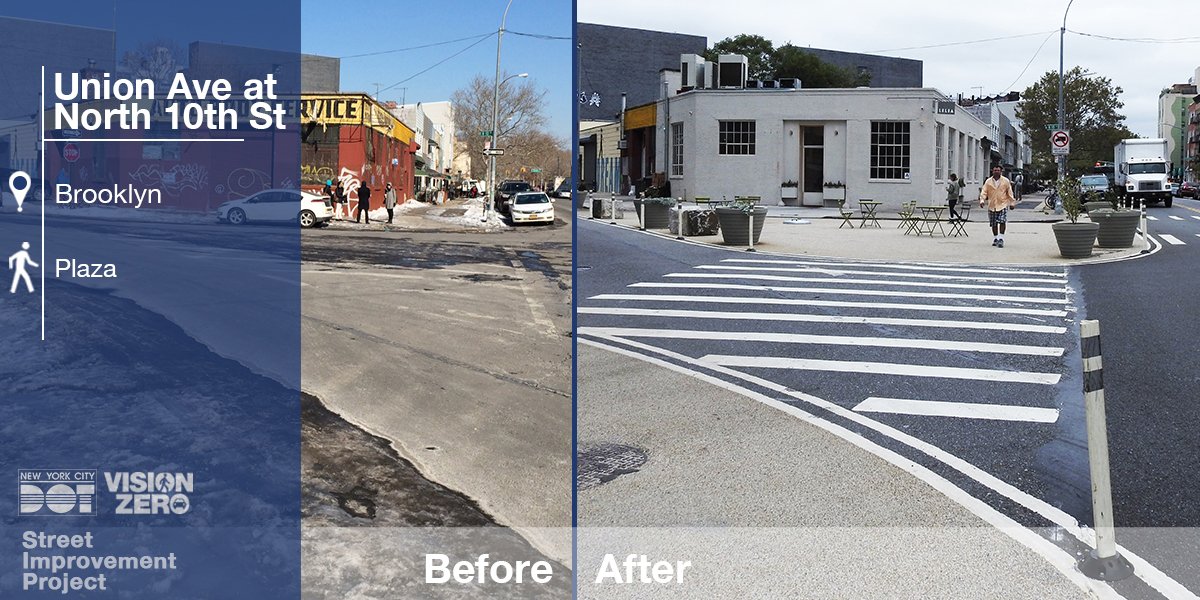 NYC_DOT's tweet photo. #UnionAve at N10th offers new public #nycplaza space for #Williamsburg residents, while reducing speeding & shortening crossings. #VZ2016 https://t.co/mObcr0COzp